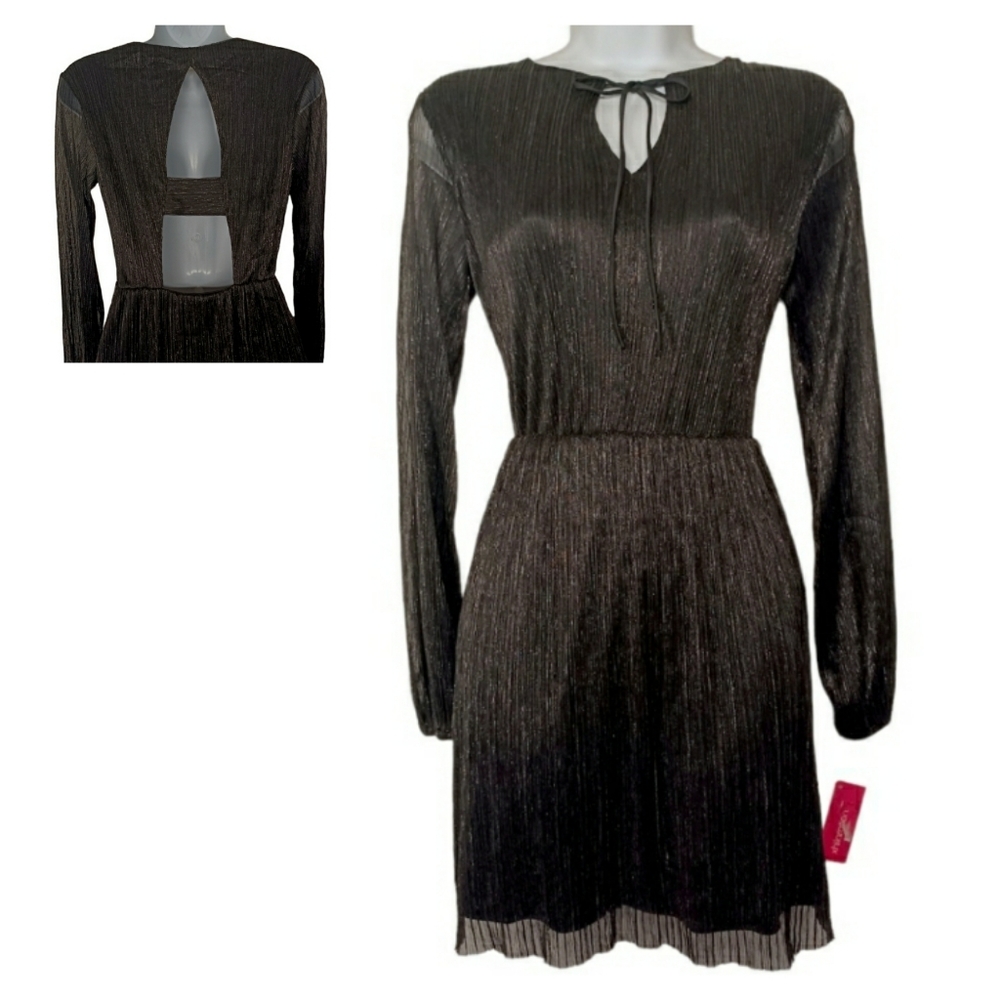 XHILARATION Silver Metallic Black Long Sleeve Open Back X-Small Dress NWT